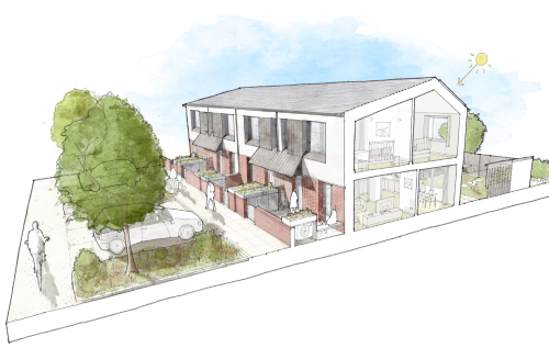 This image: Watercolour sketch showing a proposed new terrace,
								 with trees and spacious on street parking out the front, and a cross-section
								 into the homes, showing a bright and airy interior.
								 The map: The map has rotated slightly to show a 3D view of the site from the south.
								 The map is overlaid with an architect's sketch of how the site will look, with various
								 sustainable design elements highlighted. There are interactive markers, which provide
								 more information on these design elements when clicked on.